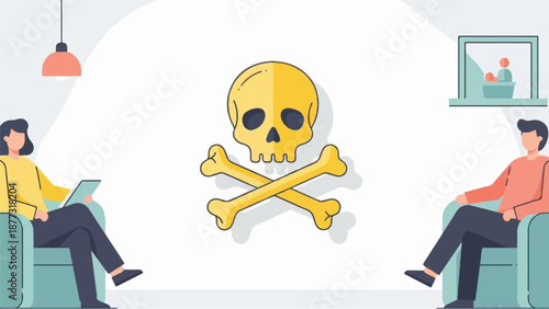 Two people sit in armchairs, facing each other, with a skull and crossbones symbol between them, suggesting danger or risk