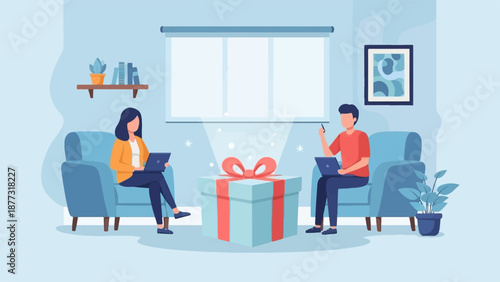 Two people sit in armchairs, engrossed in laptops, a large gift box between them glows