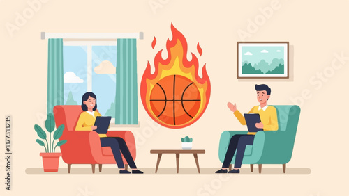 Two people sit in armchairs, discussing a basketball on fire above a coffee table