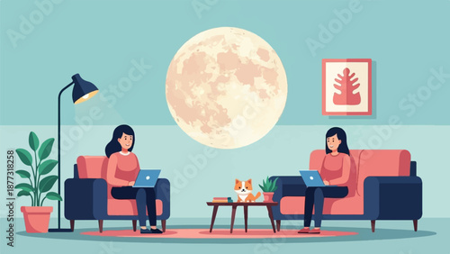 Two people sit comfortably on couches, each using a laptop, with a fluffy cat nearby