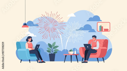 Two people sit comfortably in armchairs with laptops, as fireworks explode in the sky