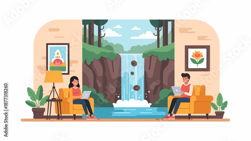Two people sit comfortably on chairs working on laptops with a beautiful waterfall scene in the background