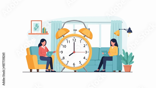 Two women in living room with large alarm clock, using tablets