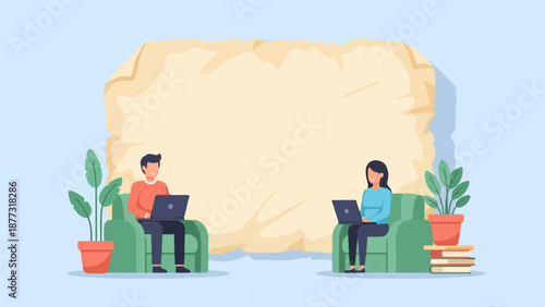 Two people sit comfortably in armchairs, each focused on a laptop, with a large parchment-like backdrop
