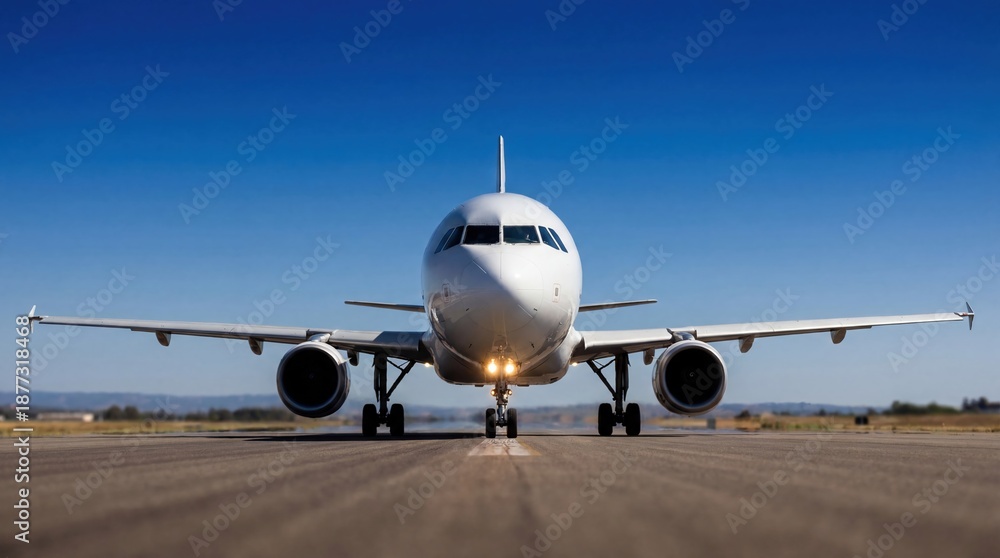 Obraz premium Airplane front view runway transportation aircraft travel blue sky jet airport landing flight aviation commercial tourism