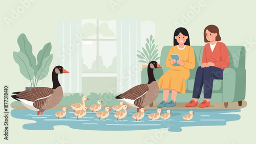 Two women observe geese and ducklings waddling in a calm body of water