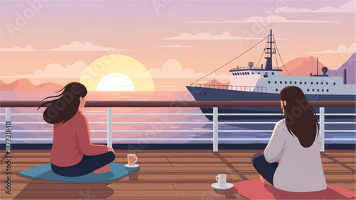 Two women meditate on a ship deck at sunrise with a large vessel passing by