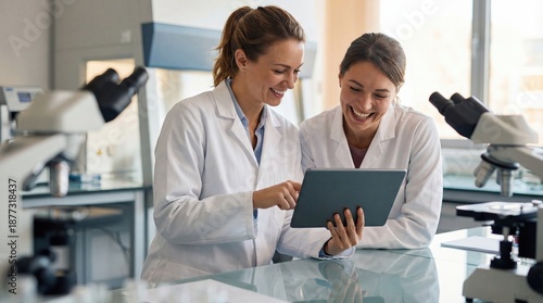 Female scientist laboratory teamwork tablet technology research white coat microscope Professional female scientist laboratory