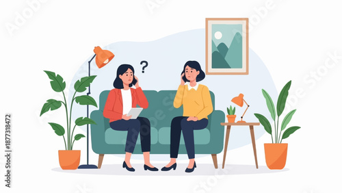Two women on a couch talking on phones with question marks above one