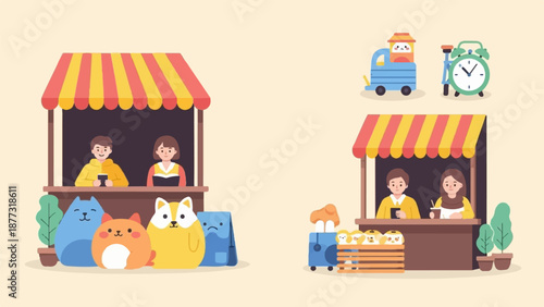 Two stalls with vendors and cute animal figures, a toy truck, and an alarm clock