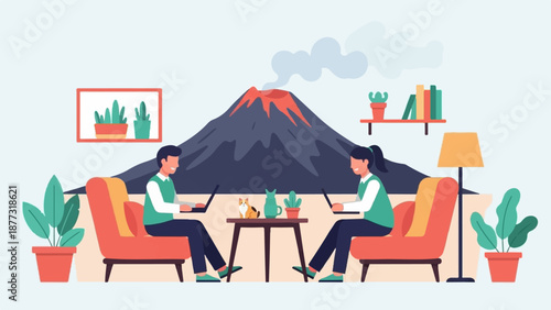 Two people work on laptops from home with a volcano erupting behind them