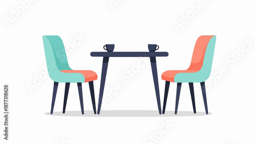 Two stylish chairs flank a dark table with two cups, simple, modern setting