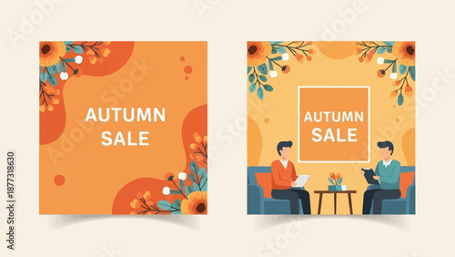 Two stylish illustrated cards announce an autumn sale with floral borders and people in casual business settings