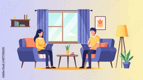 Two people work on laptops from comfortable armchairs near a window with a pleasant view and interior decor