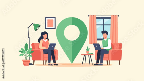 Two people work on laptops at home, separated by a giant location pin