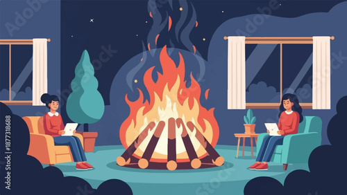 Two women relax by a cozy indoor fire, each engrossed in a digital tablet