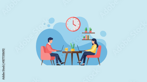 Two people work on laptops at a table, with a clock and plants in the background