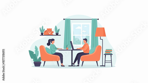 Two people work on laptops at a table in a room with plants, a lamp, and a tiger figurine