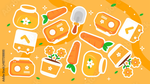 Collection of golden colored flower pots honey jars carrots and gardening equipment in a repeating pattern