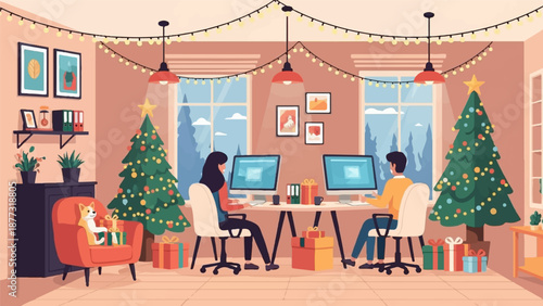 Two people work at computers in a festive, decorated office with Christmas trees and gifts