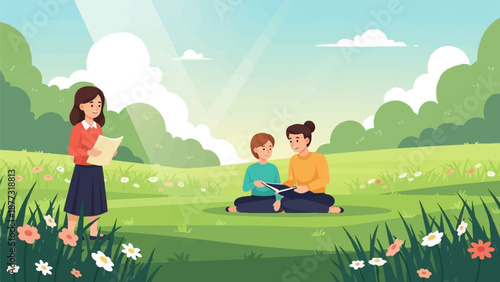 Two women and a child enjoy a sunny day outdoors, reading and learning in a blooming meadow