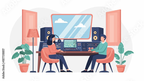 Two people work in a colorful recording studio with plants and modern equipment