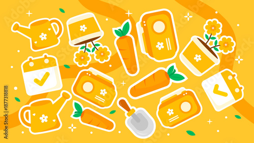 Seamless pattern featuring yellow watering cans carrots trowels and garden calendars on a wavy background