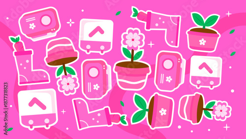 Stylish pink pattern featuring gardening boots flower pots and carrots in a whimsical layout