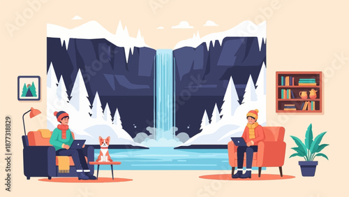 Two people with laptops and a dog sit by a window overlooking a frozen waterfall landscape