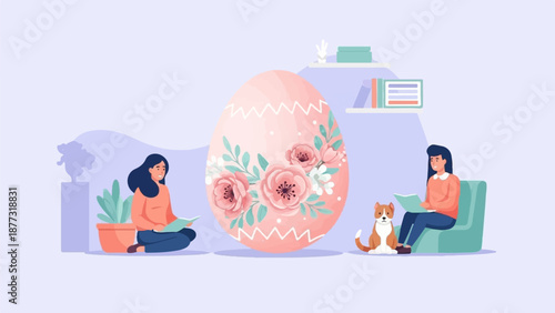 Two women and a dog enjoying quiet time with books beside a large, floral-decorated Easter egg