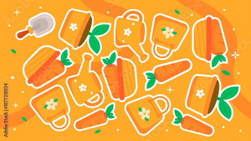 Playful pattern of orange watering cans shopping bags carrots and blooming plants
