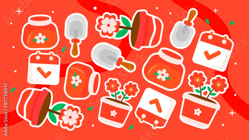 Bold red pattern of blooming flowers garden trowels and jars on a vibrant background