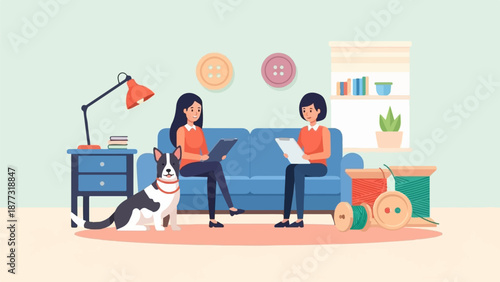 Two women and a dog in a living room with sewing supplies, a lamp, and books