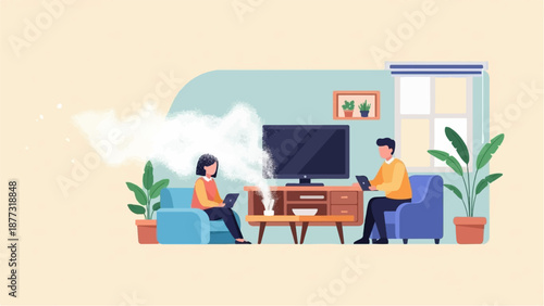 Two people working on laptops in a living room with a TV and plants