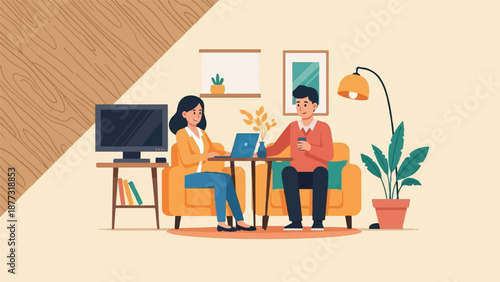 Two people work and relax in a cozy living room with plants and technology