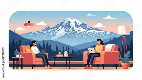 Two women and a dog relax in comfy chairs looking at laptops with a majestic mountain view