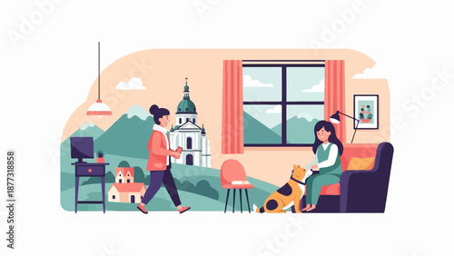 Two women and a dog relax in a room with a view of mountains and a building