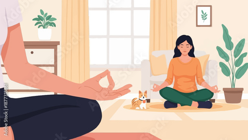 Two women and a dog meditating in a peaceful, sunlit room with plants