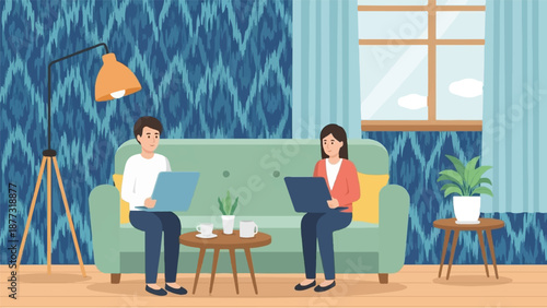 Two people using laptops while sitting on a couch in a living room