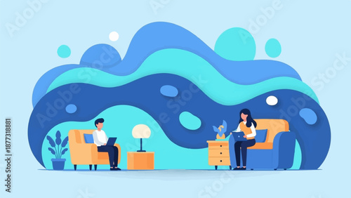 Two people working on laptops in a modern living space with abstract wave background