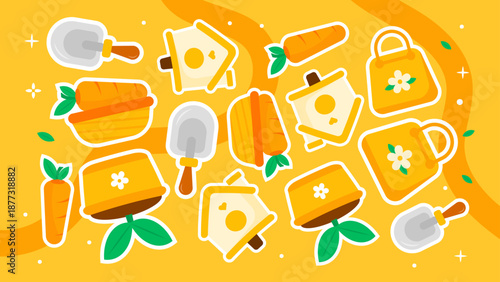 Sunny pattern featuring birdhouses trowels carrots and eco-friendly shopping bags