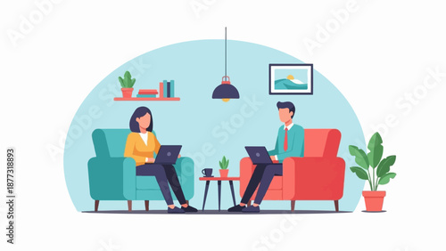 Two people working on laptops in comfortable chairs in a stylized room