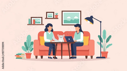 Two women and a dog relax on a couch in a cozy living room with plants