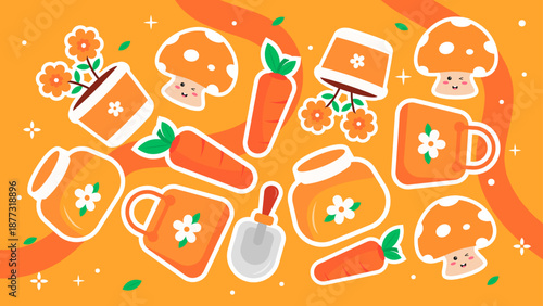 Whimsical orange pattern with cute mushrooms carrots jars and watering cans