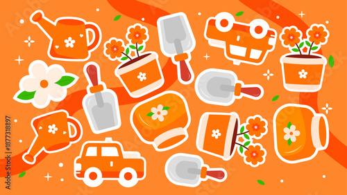 Vibrant orange garden pattern featuring watering cans shovels flower pots and toy cars for motion graphics