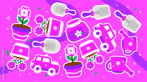 Seamless pattern of gardening tools like pots flowers shovels and watering cans in pink and purple colors