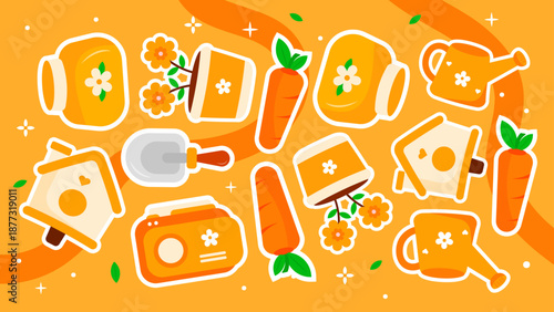 Vibrant orange pattern with carrots birdhouses watering cans and garden pots for harvest theme