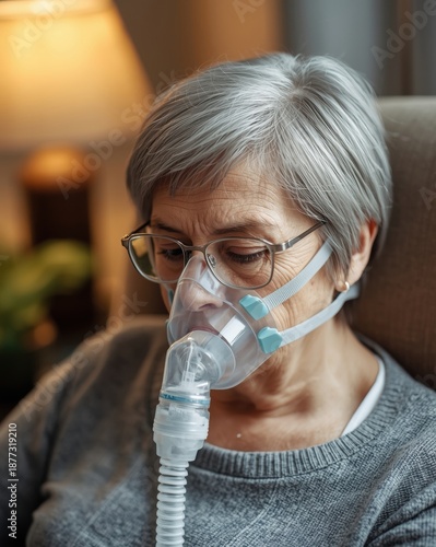 Elderly woman using oxygen mask