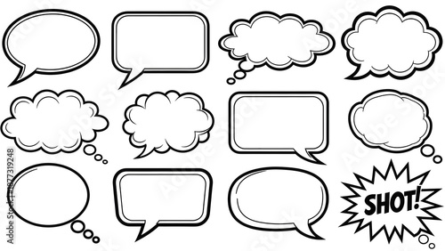 Collection of Speech Bubbles and Thought Bubbles in Various Shapes and Styles for Comic or Graphic Design
