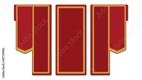 Three decorative red and gold rectangular banners or sashes with ornate borders, arranged side by side.